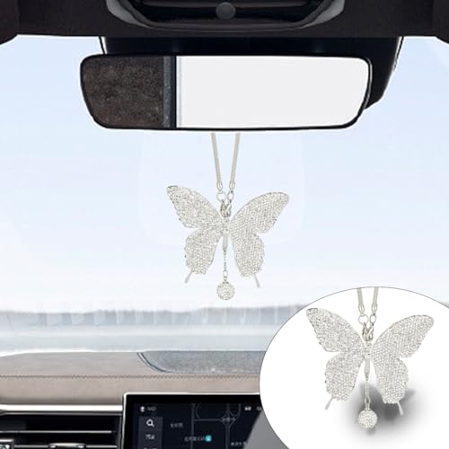 Bling Butterfly Diamond Car Hanging Accessories, Crystal Car Rear View Mirror Charms Car Decorative Accessories for Women, Lucky Presents Hanging Ornament Pendant Decor for All Cars (White) - size: White