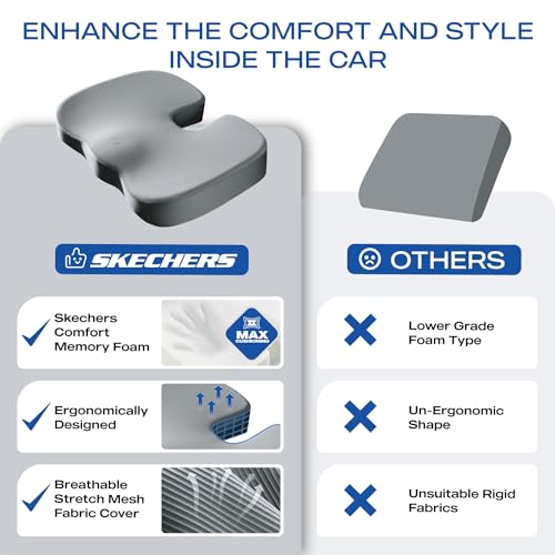 Skechers Memory Foam Seat Cushion,Office Chair Cushion for Tailbone Pain Relief,Butt Pillow for Office Chair,Car seat Cushion,Computer Desk,Long Sitting Office Workers,and Car Drivers,Grey