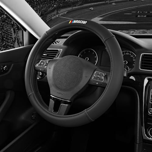 NASCAR Steering Wheel Cover, Two-Tone Black Leather Patchwork, Universal Fit 14.5"-15.5" Steering Covers for Cars, Anti-Slip, Soft Grip, Odor-Free, Trucks & SUVs, Racing Style Interior Upgrade - color: Black