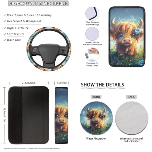 16 Pieces Car Seat Covers Full Sets, Highland Cattle Print Front Rear Seat Cover for Cars, Steering Wheel Cover Seat Belt Pads Arm Rest Covers Coaster Keychain, Universal Fit Auto Accessories - color: Brown and Blue - Highland Cattle