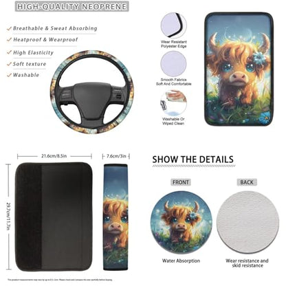 16 Pieces Car Seat Covers Full Sets, Highland Cattle Print Front Rear Seat Cover for Cars, Steering Wheel Cover Seat Belt Pads Arm Rest Covers Coaster Keychain, Universal Fit Auto Accessories - color: Brown and Blue - Highland Cattle