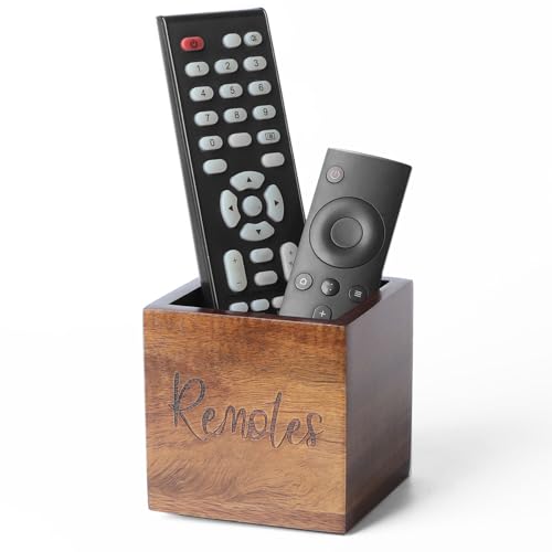 Acacia Wood TV Remote Holder, Caddy and Organizer for Table, Vintage Farmhouse Desk Caddy (Brown for 2 or 3 Remote Controls)