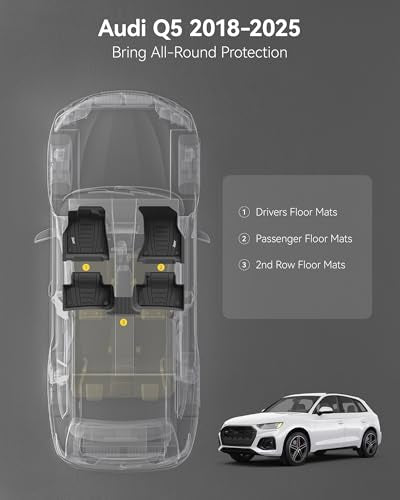 3W Floor Mats Custom Fit for Audi Q5 SQ5 2018-2025(Include Q5/SQ5 Sportback 2021-2025), All-Weather TPE 1st & 2nd Row Odorless Car Liners for Audi Accessories