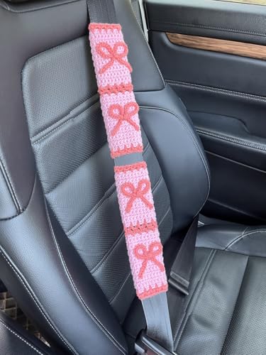 Handmade Crochet Pink Bow Car Steering Wheel Covers Universal 14-15 inch,Cute Steering Wheel Cover,Car Accessories (A: Wheel Cover+2Belt Cover) - color: A:Wheel Cover+2Belt Cover