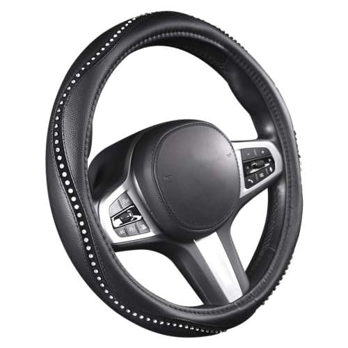 Bling Steering Wheel Cover - Crystal Studded Rhinestone Non-Slip Breathable Design for Women/Girls, Universal Fit 14.5-15 Inch Black