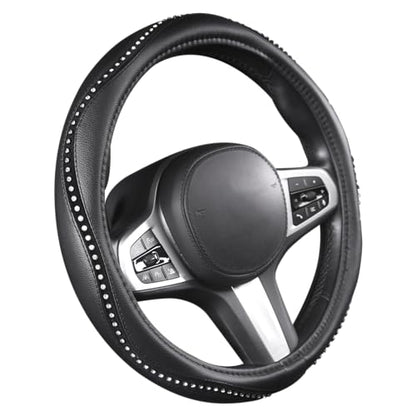 Bling Steering Wheel Cover - Crystal Studded Rhinestone Non-Slip Breathable Design for Women/Girls, Universal Fit 14.5-15 Inch Black