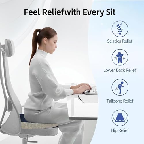 Seat Cushion for Tailbone Pain Relief, Memory Foam Coccyx Cushion for Office Chair & Car, Ergonomic Chair Pad with Non-Slip Cover & Handle, Sciatica Relief for Gaming Chair (Blue)