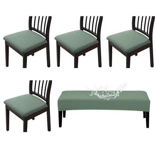 Waterproof Seat Covers for Dining Room Chairs Set of 4 with Stretch Bench Slipcover Jacquard Chair Covers Removable Washable Kitchen Chair Seat Cushion Protector(Sage Green 5 PCS) - color: A02sage Green, size: 5 PCS-TPU Waterproof