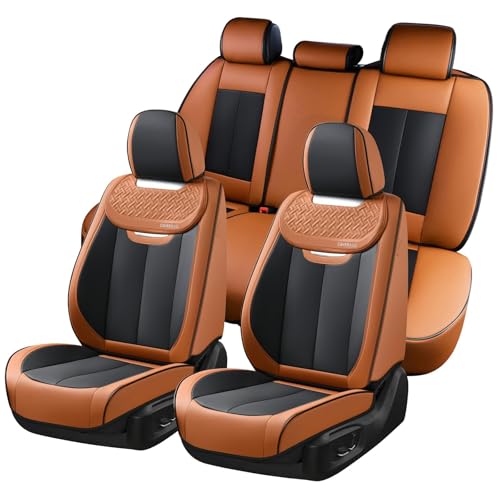 Coverado Car Seat Covers Full Set, Breathable Nappa Leather Seat Covers for Cars, Automotive Seat Covers, Waterproof Front and Back Car Seat Protector Universal Fit Most Cars(Brown&Black) - color: Brown&Black, size: Fullset