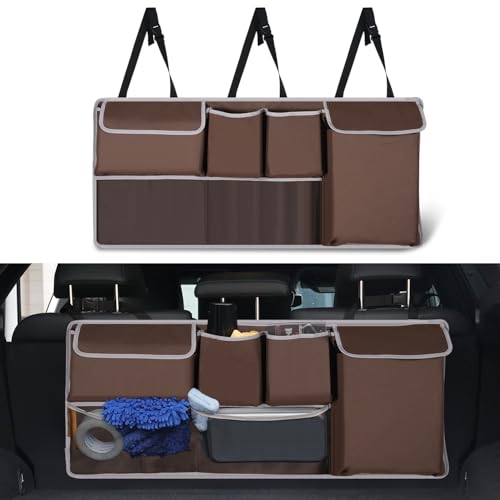 UYYE Trunk Hanging Organizer, Backseat Storage Bag, Collapsible Car Interior Accessories with 4 Pockets & 2 Mesh Pouches for Tools, Provide More Storage Trunk Space for SUV, Jeep, MPVs (Brown) - color: Brown
