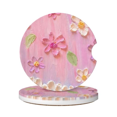 Car Coasters for Cup Holders, 2 Pack Absorbent Ceramics Anti Slip Universal 2.56 Inch Car Cup Coaster for Women Men, Car Interior Accessories - Pink Cream Flowers - color: Pink Cream Flowers