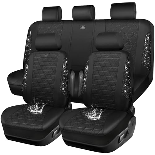 CAR PASS Oxford Bling Diamond Car Seat Covers Full Set Interior Sets, Waterproof Shining Glitter Sparkly Crystal Universal Armrest Fit 95% Automotive Truck SUV Cute Women Girl, All Black Rhinestone - color: Black Rhinestone-Oxford, size: Full Set