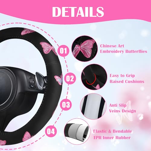 CAR PASS Embroidery Butterfly Steering Wheel Cover and Waterproof Car Floor Mats,Pink Car Mats 14.5-15inch Steering Wheel Covers Universal Fit for Cars, Suvs,Sedans,Van,for Women Girl(Black and Pink) - color: Black and Pink Butterfly