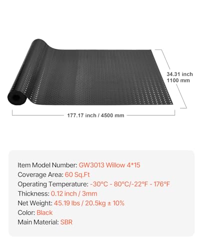 VEVOR Rubber Flooring Roll, 4 x 15 ft SBR Diamond-Plate Rubber Mat, 3mm Thickened, Easy to Clean, Customizable Size, Non-Slip Floor Protector Mat for Under Cars, Garage, Warehouse, Industry Gym, Black - size: 4 x 15 FT