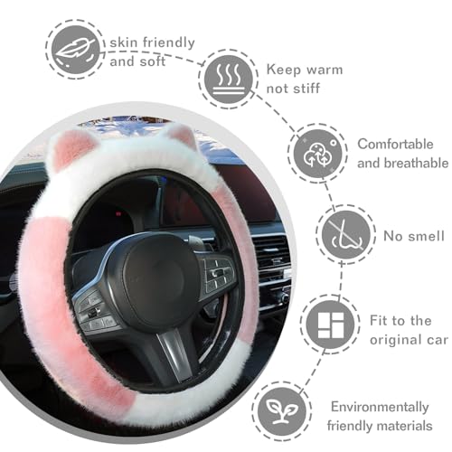 Car Steering Wheel Cover, Cute Steering Wheel Protector with Kitty Cat Ears,Fluffy Soft Plush for Winter Warm, Universal Fit 15 inches for Car,SUV, Elastic & Anti-Slip (Pink/White) - color: Pink/White