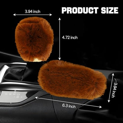 Hovom 2PCS Fluffy Car Gear Shift Knob Cover & Handbrake Cover, Soft Plush Hand Brake Handle & Gear Shift Cover for Women Girls, Universal Comfortable Warm Furry Car Accessories (Brown) - color: Brown