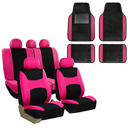 FH Group Light & Breezy Cloth Seat Full Car Seat Covers (Airbag & Split Ready) with Carpet Floor Mats- Universal Car, Truck, SUV, or Van (Pink/Black) FB030115 - color: Pink
