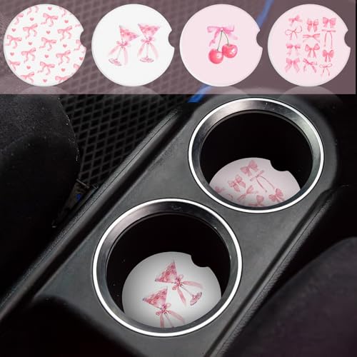 Boao 4 Pcs Car Cupholder Coasters for Valentine's Day, Ceramic Coasters 2.56'' Anti Slip Base with Finger Notch for Dry Clean, Car Interior Accessories, Birthday Gifts(Pink Bow) - style: Pink Bow