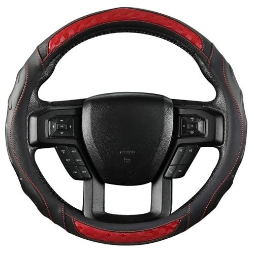 Black Seal Custom-Fit Steering Wheel Cover for Ford F-150, F-250, F-350, Expedition, 15.5–16", Anti-Slip PU Leather (Black+Red) - color: Black+Red