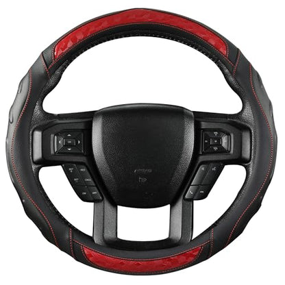 Black Seal Custom-Fit Steering Wheel Cover for Ford F-150, F-250, F-350, Expedition, 15.5–16", Anti-Slip PU Leather (Black+Red) - color: Black+Red
