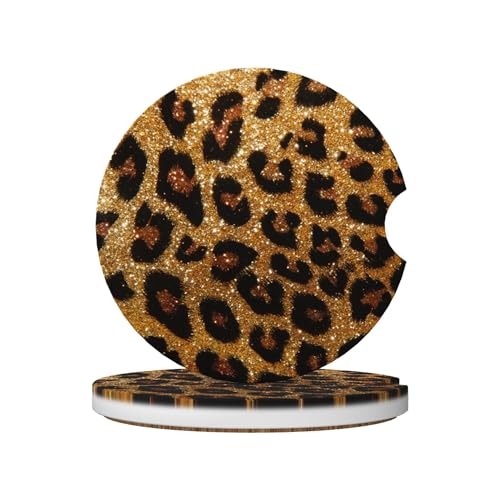 Leopard Print Glittering Car Cup Holder Coasters 2 Pack Universal 2.63 Inch Anti Slip Ceramic Absorbent Coaster with Cork Base and Finger Notch Cute Car Accessories Interior for Women - color: Brown
