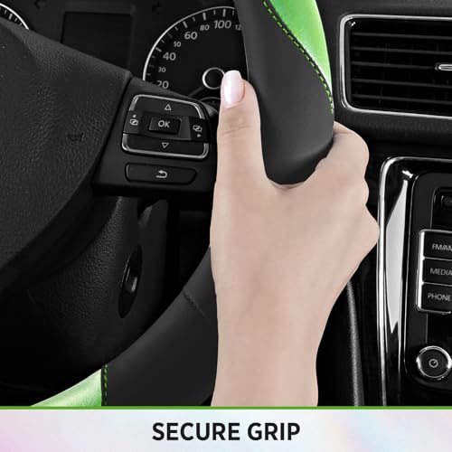 Road Comforts Steering Wheel Cover – Breathable Leather Steering Wheel Cover, Anti-Slip Grip, Universal Fit 14.5” to 15”, Heat & Cold Resistant for Cars, SUVs, and Trucks – Black & Shining Green - color: Black&Green