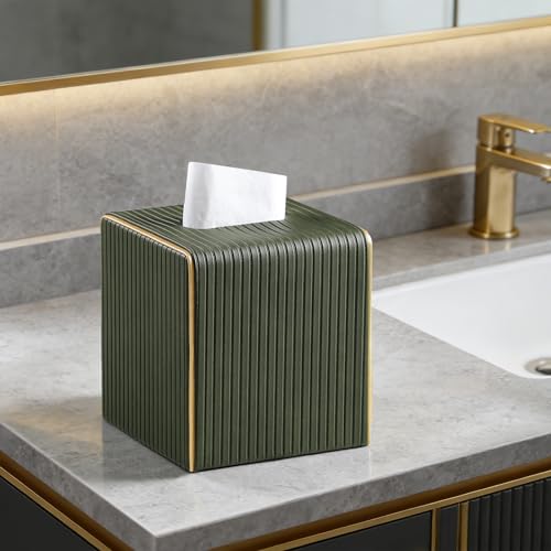 PU Leather Tissue Box Cover Square Tissue Box Holder with Magnetic Closure (Green Fluted) - color: Green Fluted