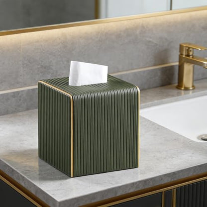 PU Leather Tissue Box Cover Square Tissue Box Holder with Magnetic Closure (Green Fluted) - color: Green Fluted