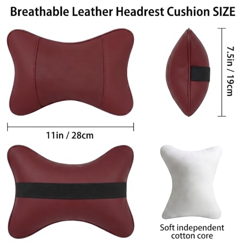 Car Pillow for Car Neck Pillow for Driving Seat Leather Neck Support Soft Cushion Support Head-Rests for Vehicle Sleeping with Elastic Adjustment Strap 2PCS (Neck, Red)