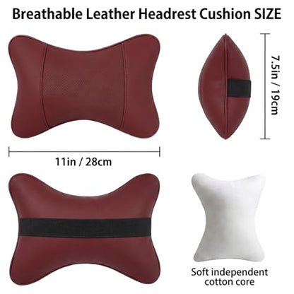 Car Pillow for Car Neck Pillow for Driving Seat Leather Neck Support Soft Cushion Support Head-Rests for Vehicle Sleeping with Elastic Adjustment Strap 2PCS (Neck, Red)