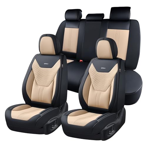 Coverado Car Seat Covers Full Set, Front Seat Covers with Lumbar Support and Back Seat Cover Waterproof Leather Automotive Seat Cover, Universal Car Interior Protectors Cushion for Most Cars - color: Black-Beige, size: FullSet