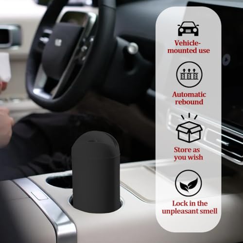 Car Trash Can with Lid, Portable Silicone Vehicle Cup Holder Dustbin Garbage Can, Compact Round Automobile Interior Rubbish Bin Garbage Container, Universal for RV Truck SUV (Black) - color: Black