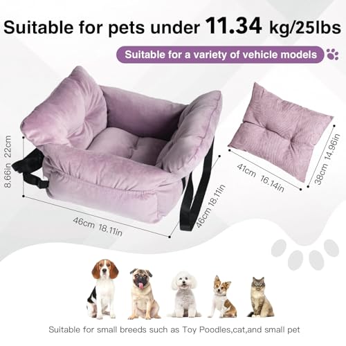 Pet Car Seat for Small Dogs up to 25 lbs with Safety Straps, Storage Pockets, Travel Carrier Bed Booster Seat, Machine Washable (Light Purple) - color: Light Purple