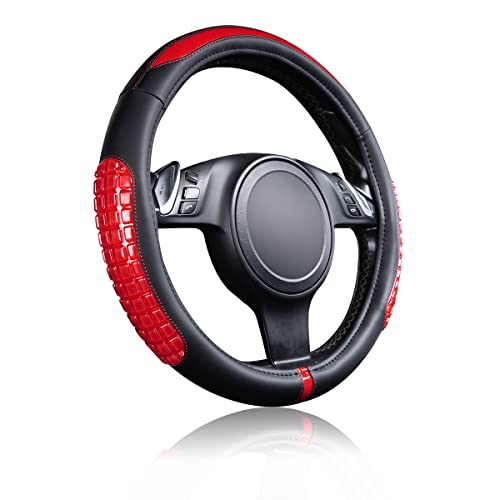 Flying Banner car Steering Wheel Cover Gel Massage Velvet Cool Warm Universal Size 15 inches SUV Truck Anti Slip Odorless Summer Winter (Black Red, Gel Massage) - color: Black Red