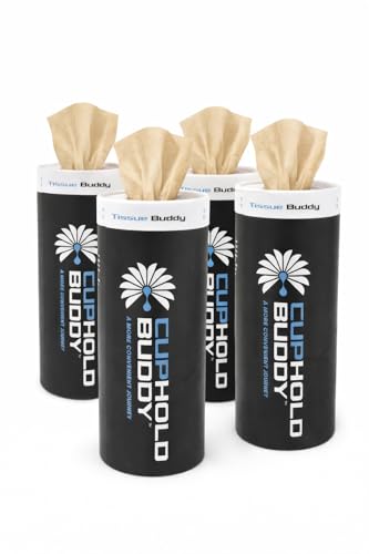 Cupholdbuddy Bamboo Car Cup Holder Tissues, 3-Ply Refillable Car Tissue Box, Plastic-Free & Non-Toxic, Fits Most Vehicle Cup Holders, Eco-Friendly, Pack of 4