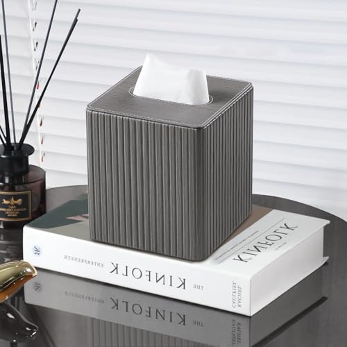PU Leather Tissue Box Cover Square Tissue Box Holder with Magnetic Closure (Slate Grey Fluted) - color: Slate Grey Fluted