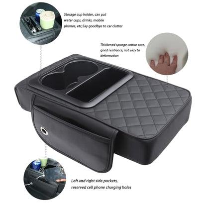Universal Car Armrest Cushion Organizer - PU Leather Center Console Pad with Cup Holder, Phone Storage & Side Pockets, Multifunctional Armrest Cover for Most Vehicles