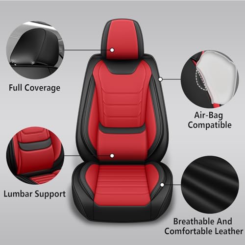Nappa Leather Seat Covers Full Set for Honda Fit 2007-2020, 5 Seats Waterproof & Tear-Resistant Car Seat Cover Inside Zipper Design and Reserved Opening Holes(Standard Full Set/Black Red) - color: Black Red, size: Full Set Standard