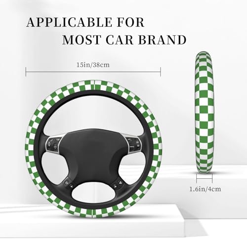 Green and White Checkered Steering Wheel Cover for Women, Universal Auto Steering Wheel 14-15 Inch Car Interior Accessories with 2PCS Car Coasters, Suitable for Men and Women - color: green