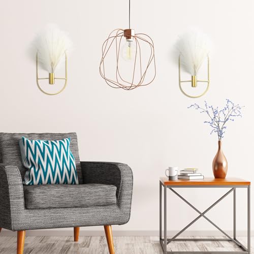 2 Pcs Boho Wall Decor Metal Gold Wall Art Hanging Planters with Artificial Pampas Modern Home Decor Display Art for Living Room Bedroom Bathroom(Oval) - style: Oval