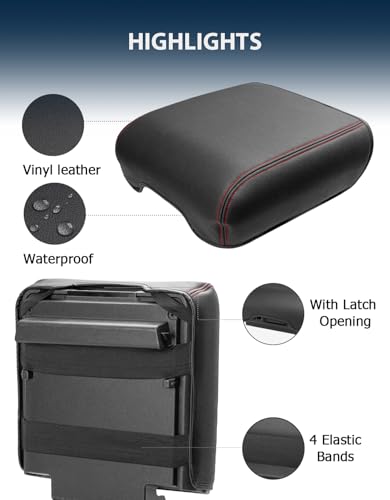 Center Console Cover for 2021-2026 Ford F150 Accessories, Vinyl Leather Middle Armrest Cusion Protector, Anti-Scratch, Black Red Stitches, Bucket Seat Only(not for Work Station) - size: Bucket Seat, 2021-2026 F150, red stitch