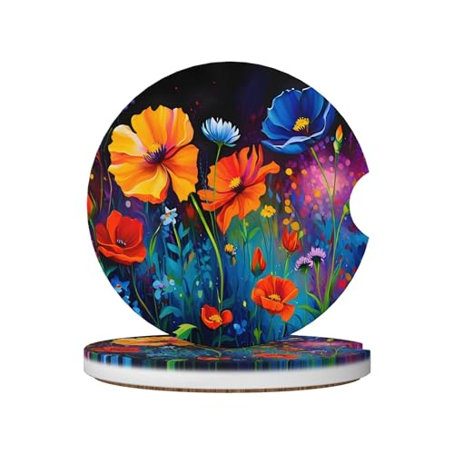 Watercolor Wild Flowers Colorful Car Cup Holder Coasters 2 Pack Universal 2.63 Inch Anti Slip Ceramic Absorbent Coaster with Cork Base and Finger Notch Cute Car Accessories Interior for Women