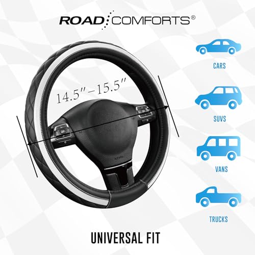 Road Comforts Leather Steering Wheel Cover – Black & Silver, Universal Fit 14.5-15 Inch, Microfiber Leather, Anti-Slip & Breathable Design for Men and Women - color: Silver