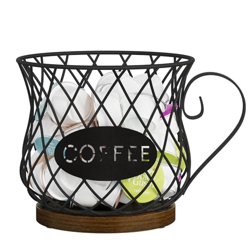 YINMIT K Cup Holder Organizer, Rustic Coffee Pod Holder Organizer, 35 Kcup Holder for Counter with Handle，Large Capacity Black Wire Coffee Capsule Basket for Kitchen Office Desktop (Circular Grid) - color: Retro-Circular with Handle