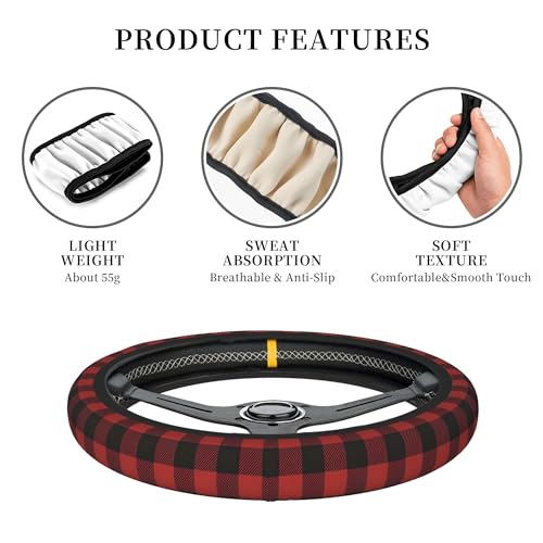Red Buffalo Plaid Steering Wheel Cover for Men Women Auto Accessories Universal 15 Inch Anti-Slip Breathable Car Wheel Protector Covers - color: Rustic Red Black Buffalo Check Plaid Pattern