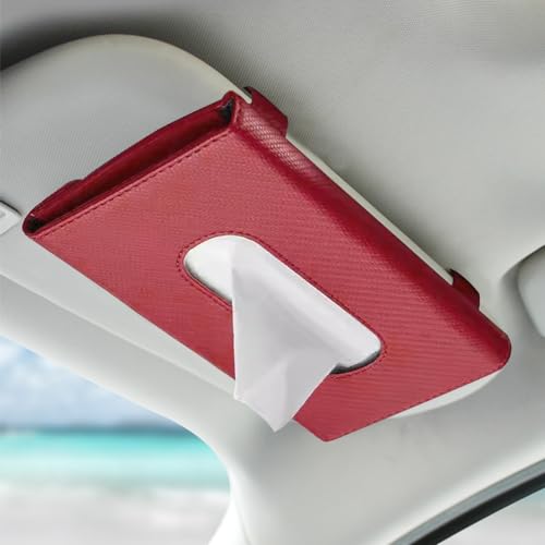 Car Tissue Holder, Sun Visor Napkin Holder, Premium PU Leather Car Tissue Box, with Tissue Refill, Universal Version Hanging Tissue Holder for Cars, Trucks, SUVs - color: Red