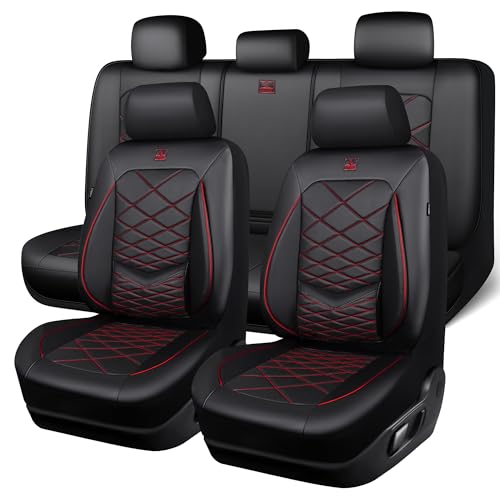 CAR PASS Luxury Nappa Leather Seat Covers Full Set, Water Resistant Faux Leather Seat Cover with Lumbar Support, Breathable Automotive Seat Covers Universal Fit for Sedan SUV Van Truck, Black Red - color: Black and Red, size: Full Set