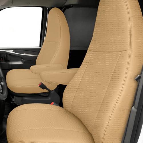 Seat Covers Compatible with 2010-2025 Chevy Express Front Bucket Seats with Opening for Grab Handle on Passenger Side Backrest, Custom-Made Heavy Duty Seat Cover, NOT for RV Seats - color: Tan, size: 2010-2025 Express Front (Knitted)