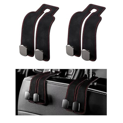 2 PCS Car Seat Headrest Hook, Back Seat Hanger with Double Flexible Leather Hooks, Soft Leather Double Headrest Metal Hooks Purse Handbag Organizer, Car Accessories (Black)