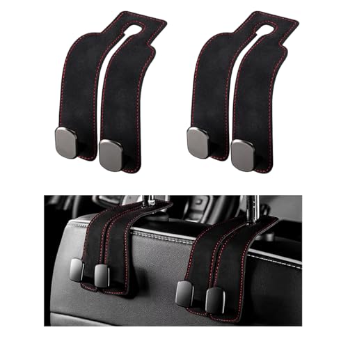 2 PCS Car Seat Headrest Hook, Back Seat Hanger with Double Flexible Leather Hooks, Soft Leather Double Headrest Metal Hooks Purse Handbag Organizer, Car Accessories (Black)